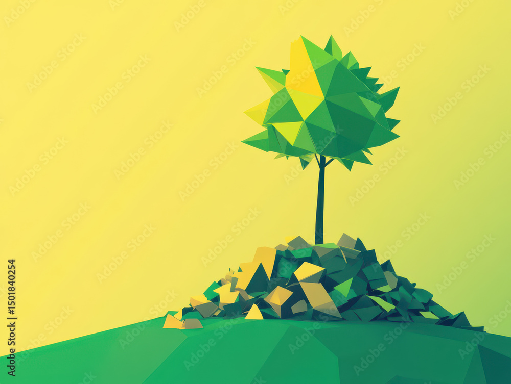 Poster abstract poly tree: a vibrant, low-poly style tree atop a mound, creating a visually striking abstra