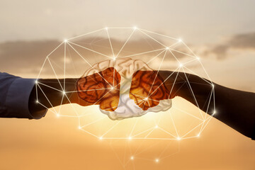 Plakat Fists bumping with brain and network visualization