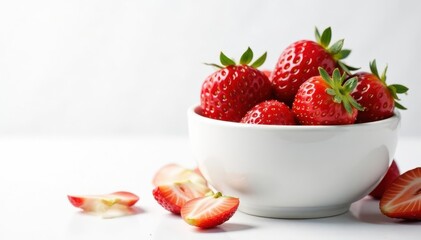 Bowl of fresh strawberries, vibrant red against pure white , summer, organic