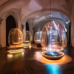 Large, translucent orbs illuminated with internal light displays.