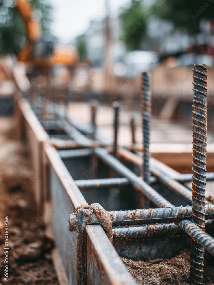 Poster construction site with steel foundation frame showcasing progress on building structure in urban are