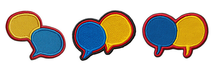 Embroidered patches showcase blue and yellow speech bubbles with stitched borders, set on transparent background