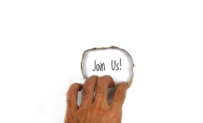 Hand Revealing Join Us Message Through Torn Paper with a White Background