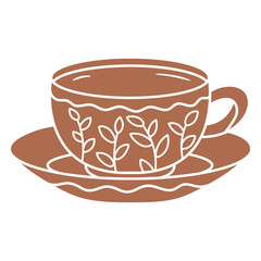 Brown tea cup with leaves design