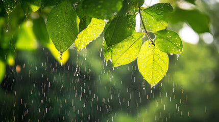 Green leaves in summer rain with water droplets falling in sunlight. Fresh and vibrant natural scene symbolizing growth, purity, and eco-friendly living.