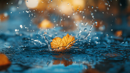 Autumn leaf splashing into a puddle with water droplets frozen mid-air. Moody fall scene with vivid colors and reflective surface capturing seasonal beauty and motion.