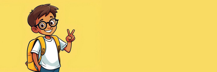 Obraz premium A young boy with short black hair and glasses smiles and points to a copy space for text. He wears a white t-shirt and has a yellow backpack, horizontal banner