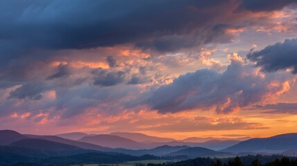 Golden sunset over a serene landscape, warm light through clouds, orange and purple hues blending in harmony
