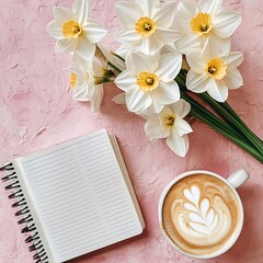 Daffodils, a notebook, and a latte art coffee cup on a pink textured surface.