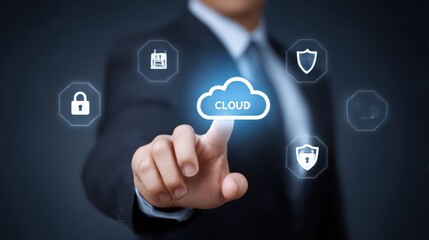 Fototapeta premium Businessman touching cloud computing security interface