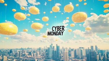Floating, yellow orbs hover over a cityscape on a promotional cyber monday graphic.
