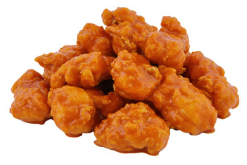 A pile of juicy orange boneless chicken wings glistens against a stark white background