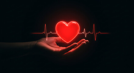 Heart on Hand with Ekg Line in Dark