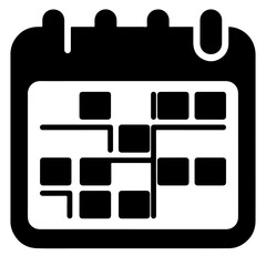 A black calendar icon illustration, displaying a grid of daily squares.