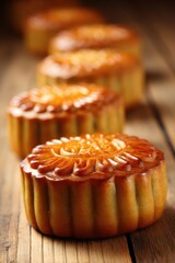 Close Up of Mooncakes in a Row on Wooden Table for Mid Autumn Festival Traditional Baked Dessert Still Life
