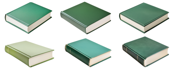 Six different shades of green covered books are arranged on transparent background