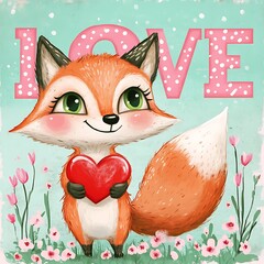 Cute fox holding a heart in a love scene.