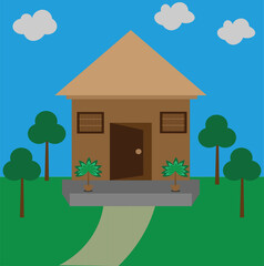 house and tree, Charming House Vector Illustration with Trees Plants and Blue Sky Background
