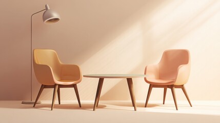 Minimalist interior scene featu two modern lounge chairs with curved design and a small round table in a softly illuminated room with warm tones