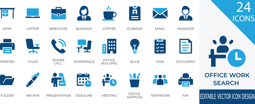 A sleek collection of vector icons representing essential office work elements such as laptops, documents, meetings, deadlines, and workplace tools. Perfect for use in business presentations, apps