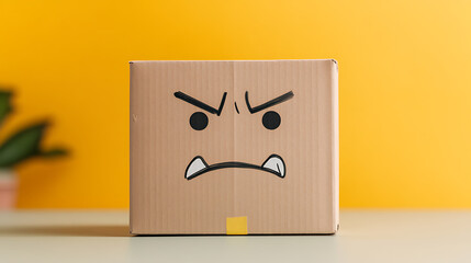 A cardboard box with an angry face drawn on it stands against a yellow background. The box sits on a table, partially visible, and a blurred green plant is on the side.