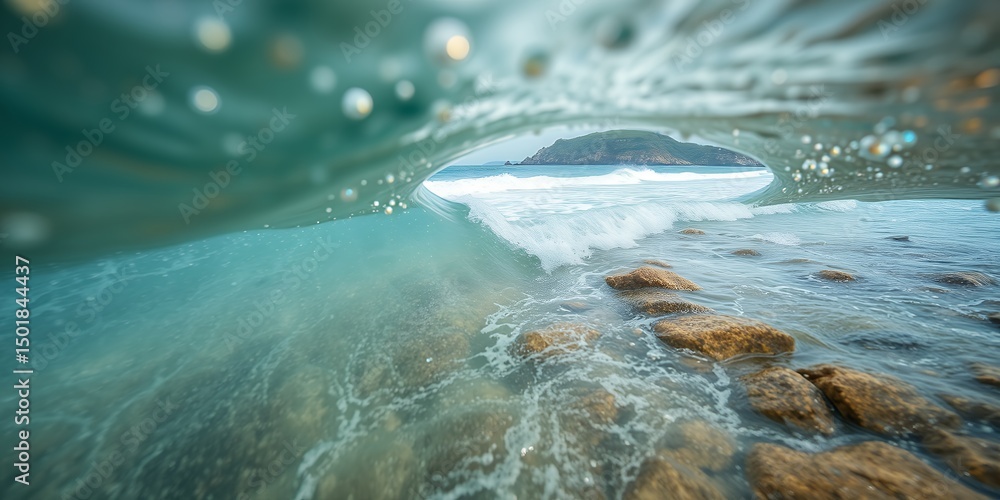 Poster underwater view of a wave breaking near rocks with an island visible in the background scenery