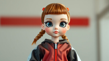 Redhead doll in casual outfit with braids and large blue eyes