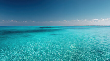 Obraz premium Crystal clear turquoise sea and calm horizon under sunny blue sky with soft clouds reflecting light