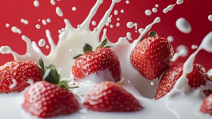 Fresh strawberries bathed in milk splashes.