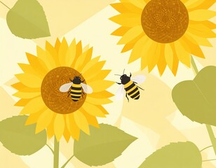 Two bees visiting bright yellow sunflowers in a light yellow background