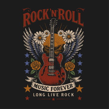 Rock and roll vintage graphic design.  rock and rool t-shirt design. retro vintage is rock n roll , forever rockin music vibes print.