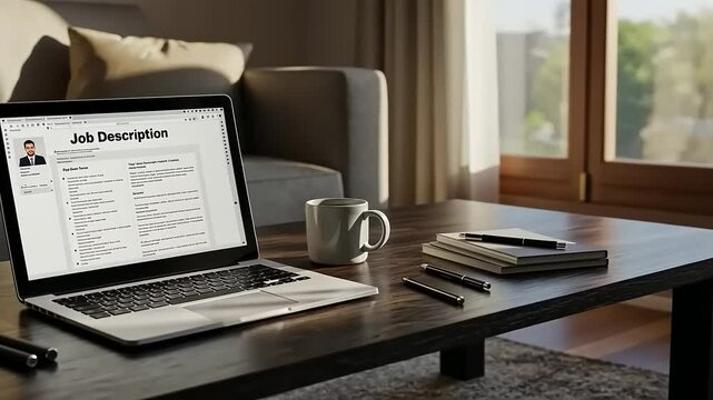 A cozy home office scene featuring a laptop displaying a job description on a wooden table