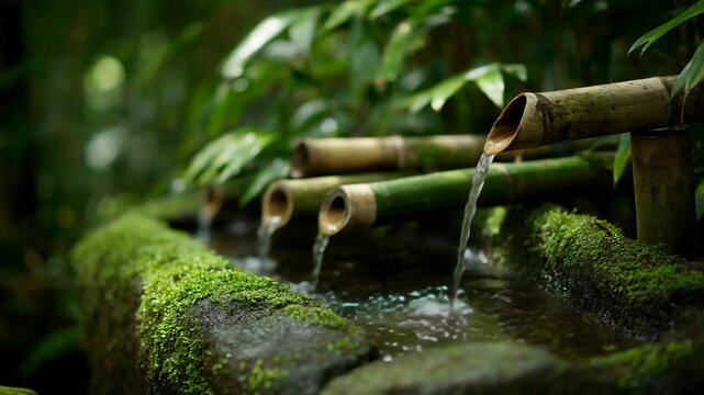 Serene bamboo water feature in a mossy garden