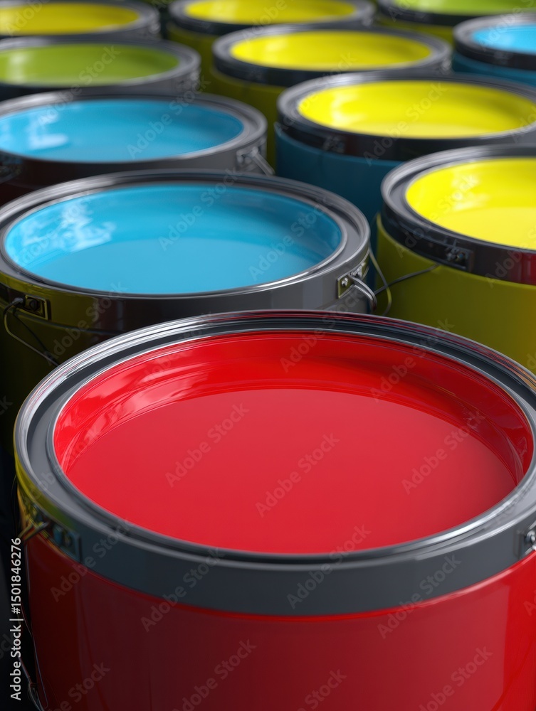 Poster Bright Buckets of Paint in Various Colors Arranged Neatly on a Clean Surface for Decorating Projects