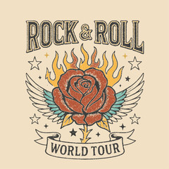 Rock and rool t-shirt design. Rose vintage is rock n roll. Rock and roll vintage graphic design. forever rockin music vibes print.