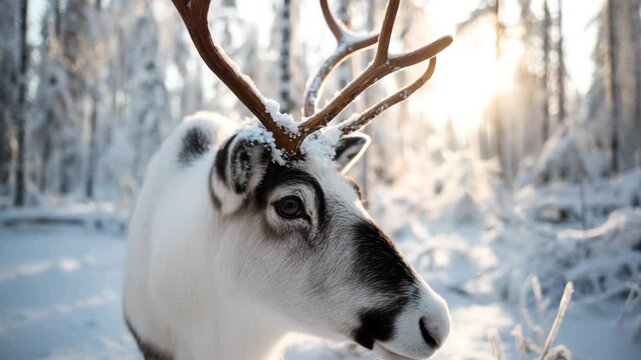 Close-up of wild reindeer with antlers and soft fur standing on snow-covered path with golden morning light through trees