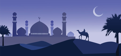 Silhouette of a mosque, camel, and desert landscape at night