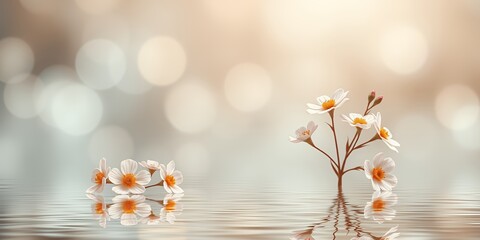A serene scene of white and yellow flowers reflected in calm water under a bokeh background