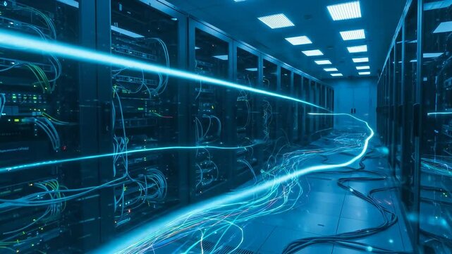 Digital information flowing through high-speed network cables and data servers behind glass panels in a secure server room of a data center or Internet service provider. Glowing blue and green LED lig
