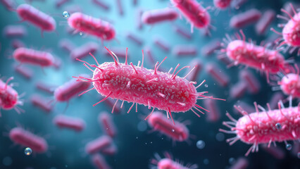 Microscopic view of bacteria: detailed pink microbes suspended in fluid environment