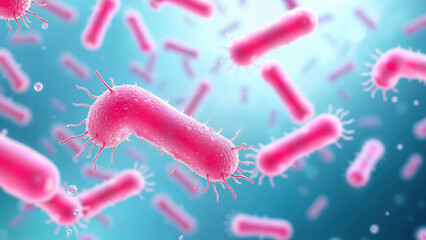 Close-up view of pink bacteria cells in a blue liquid environment