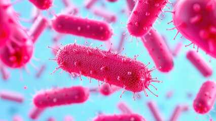 Microscopic view of red bacteria cells with spikes on blue background