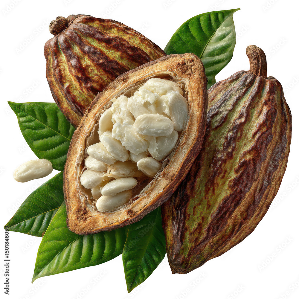 Poster open and whole cacao pods with beans isolated on transparent background