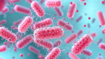 Close-up view of pink bacteria cells in a blue environment