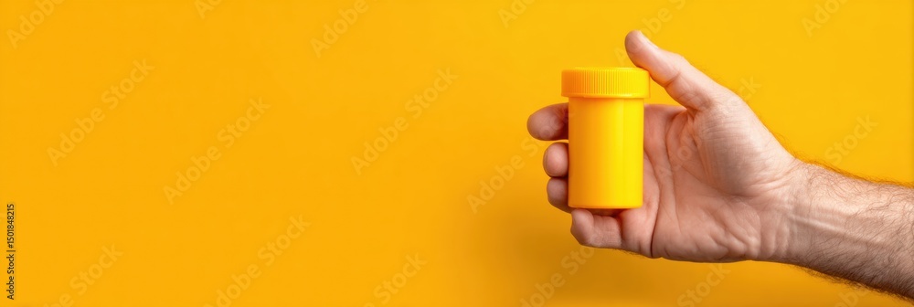 Poster hand holding a bright yellow locked pill container against a vibrant background with an empty margin