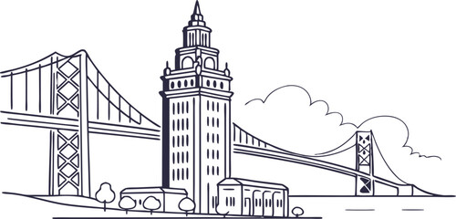 Fototapeta premium A minimalist line drawing of the Oakland skyline, featuring the Tribune Tower and Bay Bridge in a modern, continuous-line style.