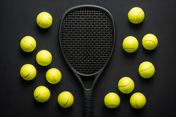 Black tennis racket surrounded by bright yellow tennis balls on black background