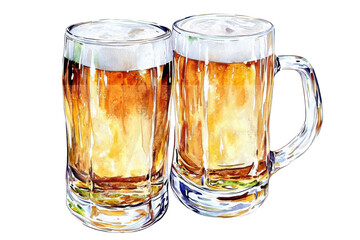 Beer Mugs Cheer Foamy Refreshment in a Watercolor Toast