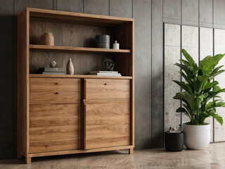Fototapeta premium A wooden cabinet with shelves and drawers next to a plant in a white pot in a modern interior