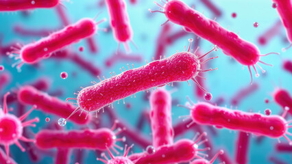 Microscopic view of red rod-shaped bacteria with hair-like structures on a cyan background
